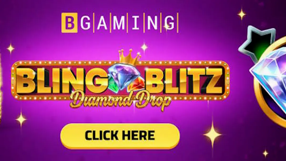 Tampilan visual slot Bling Blitz Diamond Drop dengan latar belakang gelap dan peti berlian